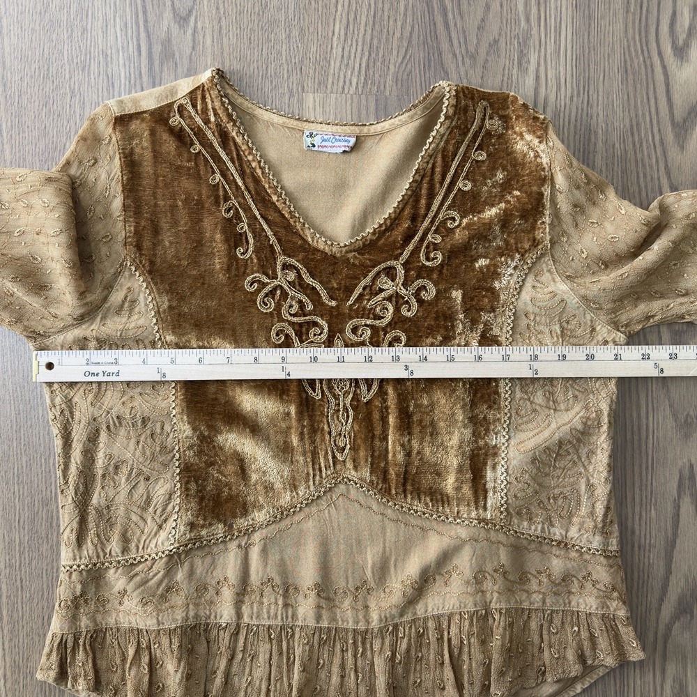 VTG Just Cruising Top Womens L* Yellow Embroidered Tie Back Hippie Boho Festival - Picture 10 of 15